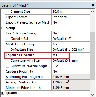 Capture curvature option in ansys meshing