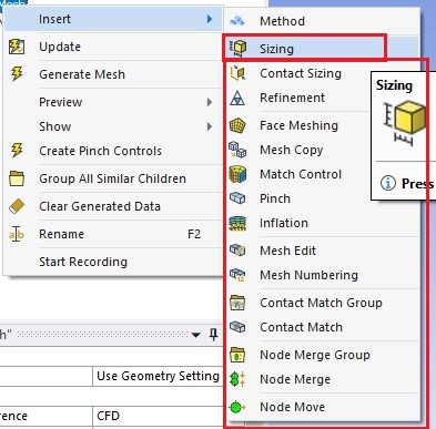 various option for local mesh controls in ansys