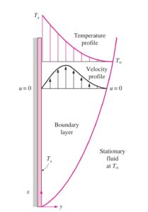 The temperature and velocity profile for natural convection over a vertical plate.
